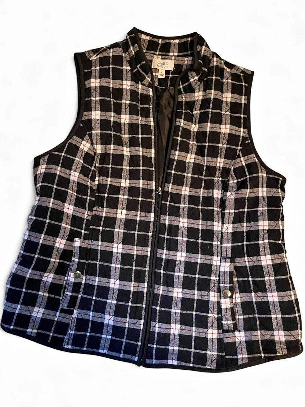 Croft & Barrow Quilted Plaid Vest Black & White Size Large